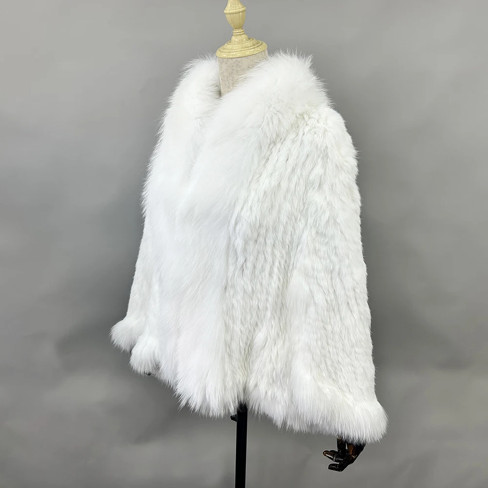 2026 New Fashion Lady Real Genuine Natural Knitted Rabbit Fur Shawl Coat With Fox Fur Collar Women's Fashion Knit Jacket Cape