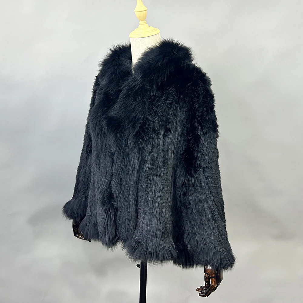 2026 New Fashion Lady Real Genuine Natural Knitted Rabbit Fur Shawl Coat With Fox Fur Collar Women's Fashion Knit Jacket Cape