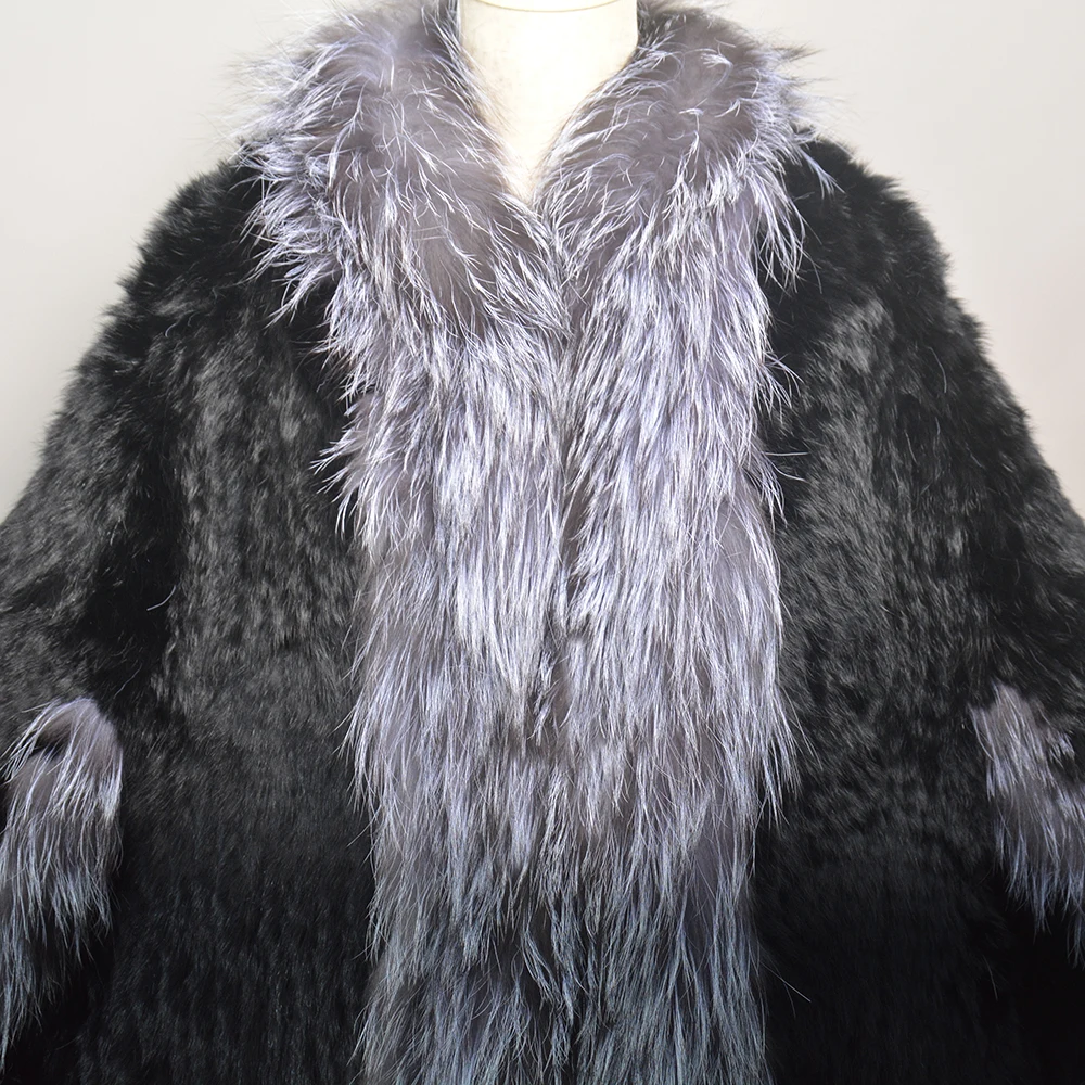 2026 New Fashion Lady Real Genuine Natural Knitted Rabbit Fur Shawl Coat With Fox Fur Collar Women's Fashion Knit Jacket Cape
