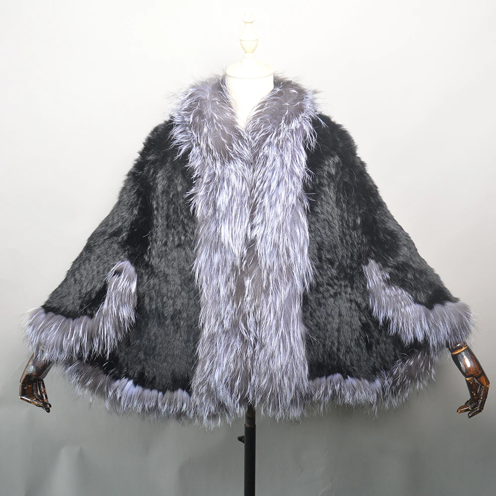 2026 New Fashion Lady Real Genuine Natural Knitted Rabbit Fur Shawl Coat With Fox Fur Collar Women's Fashion Knit Jacket Cape