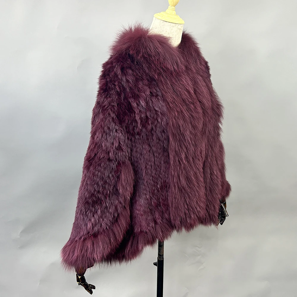 2026 New Fashion Lady Real Genuine Natural Knitted Rabbit Fur Shawl Coat With Fox Fur Collar Women's Fashion Knit Jacket Cape