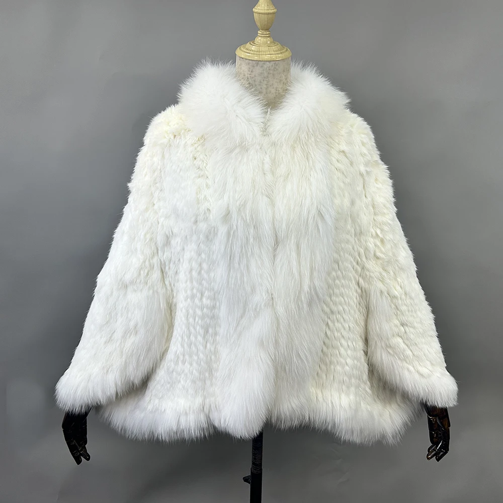 2026 New Fashion Lady Real Genuine Natural Knitted Rabbit Fur Shawl Coat With Fox Fur Collar Women's Fashion Knit Jacket Cape