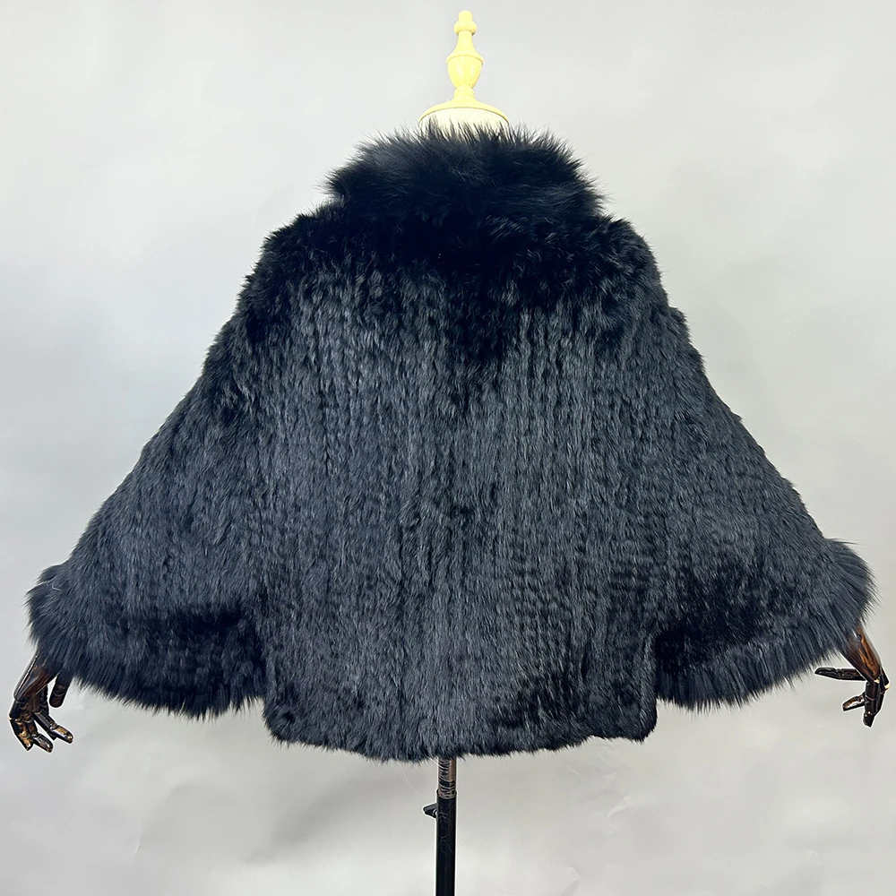2026 New Fashion Lady Real Genuine Natural Knitted Rabbit Fur Shawl Coat With Fox Fur Collar Women's Fashion Knit Jacket Cape