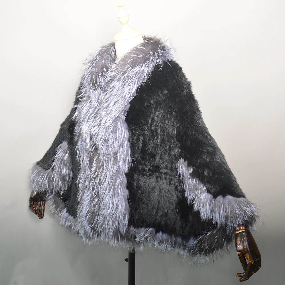 2026 New Fashion Lady Real Genuine Natural Knitted Rabbit Fur Shawl Coat With Fox Fur Collar Women's Fashion Knit Jacket Cape