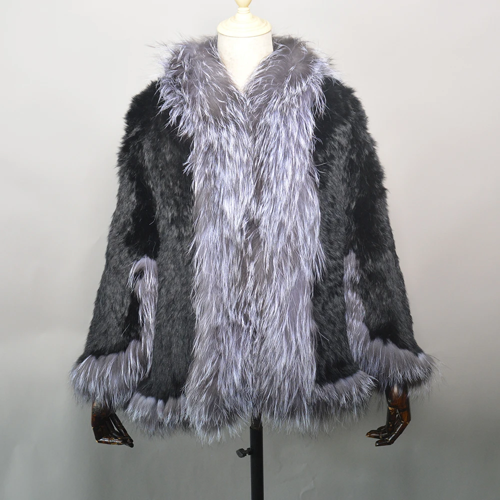 2026 New Fashion Lady Real Genuine Natural Knitted Rabbit Fur Shawl Coat With Fox Fur Collar Women's Fashion Knit Jacket Cape