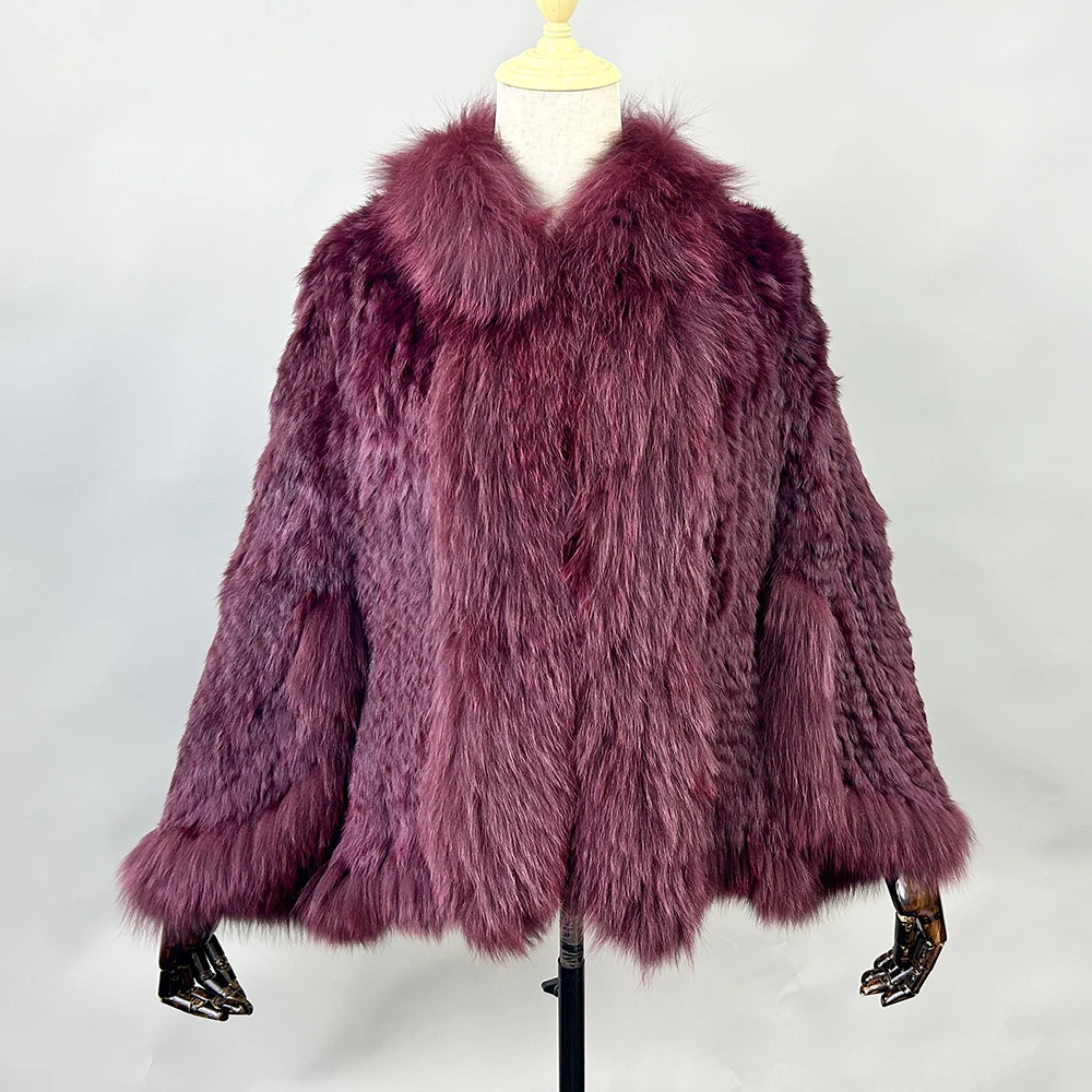 2026 New Fashion Lady Real Genuine Natural Knitted Rabbit Fur Shawl Coat With Fox Fur Collar Women's Fashion Knit Jacket Cape