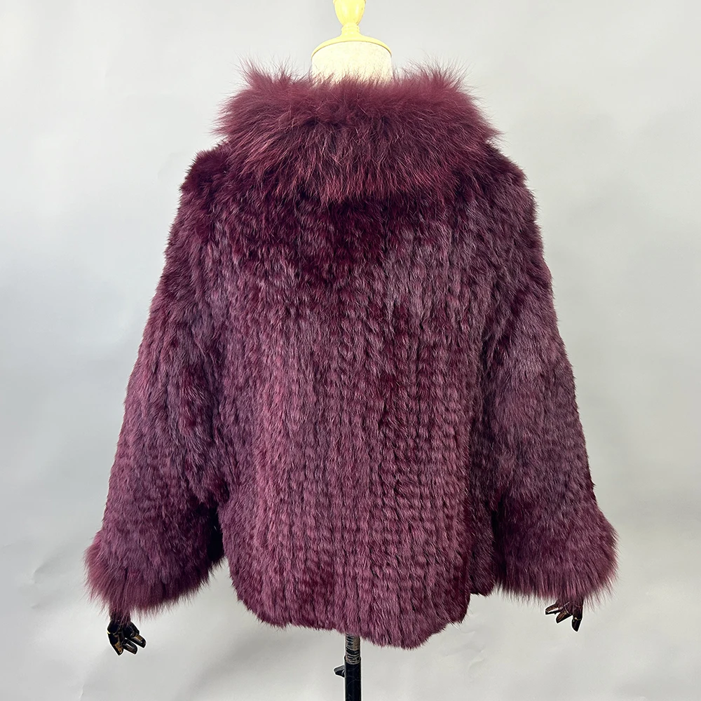 2026 New Fashion Lady Real Genuine Natural Knitted Rabbit Fur Shawl Coat With Fox Fur Collar Women's Fashion Knit Jacket Cape
