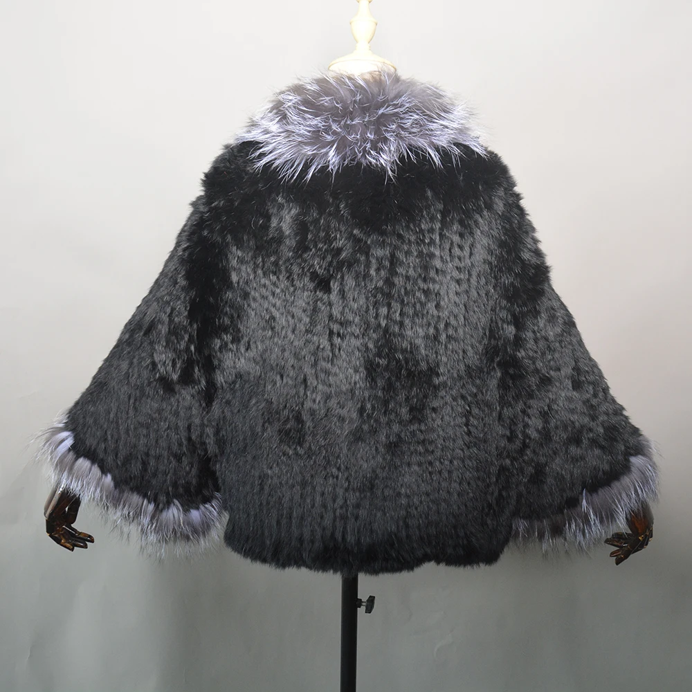 2026 New Fashion Lady Real Genuine Natural Knitted Rabbit Fur Shawl Coat With Fox Fur Collar Women's Fashion Knit Jacket Cape
