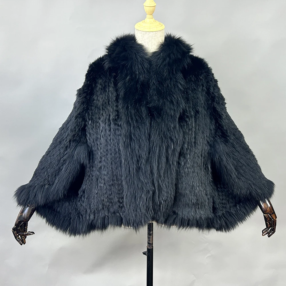 2026 New Fashion Lady Real Genuine Natural Knitted Rabbit Fur Shawl Coat With Fox Fur Collar Women's Fashion Knit Jacket Cape