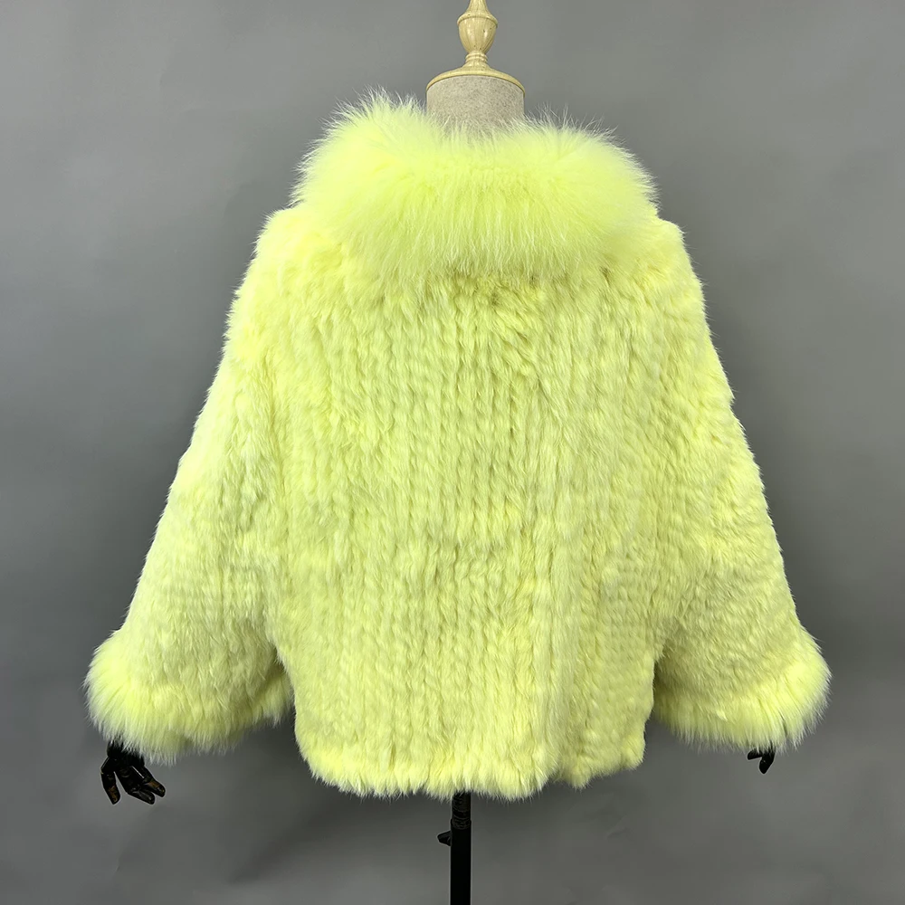 2026 New Fashion Lady Real Genuine Natural Knitted Rabbit Fur Shawl Coat With Fox Fur Collar Women's Fashion Knit Jacket Cape