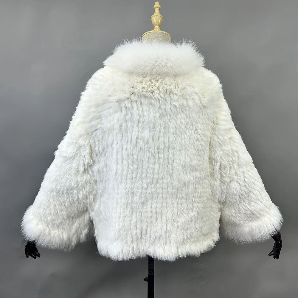 2026 New Fashion Lady Real Genuine Natural Knitted Rabbit Fur Shawl Coat With Fox Fur Collar Women's Fashion Knit Jacket Cape