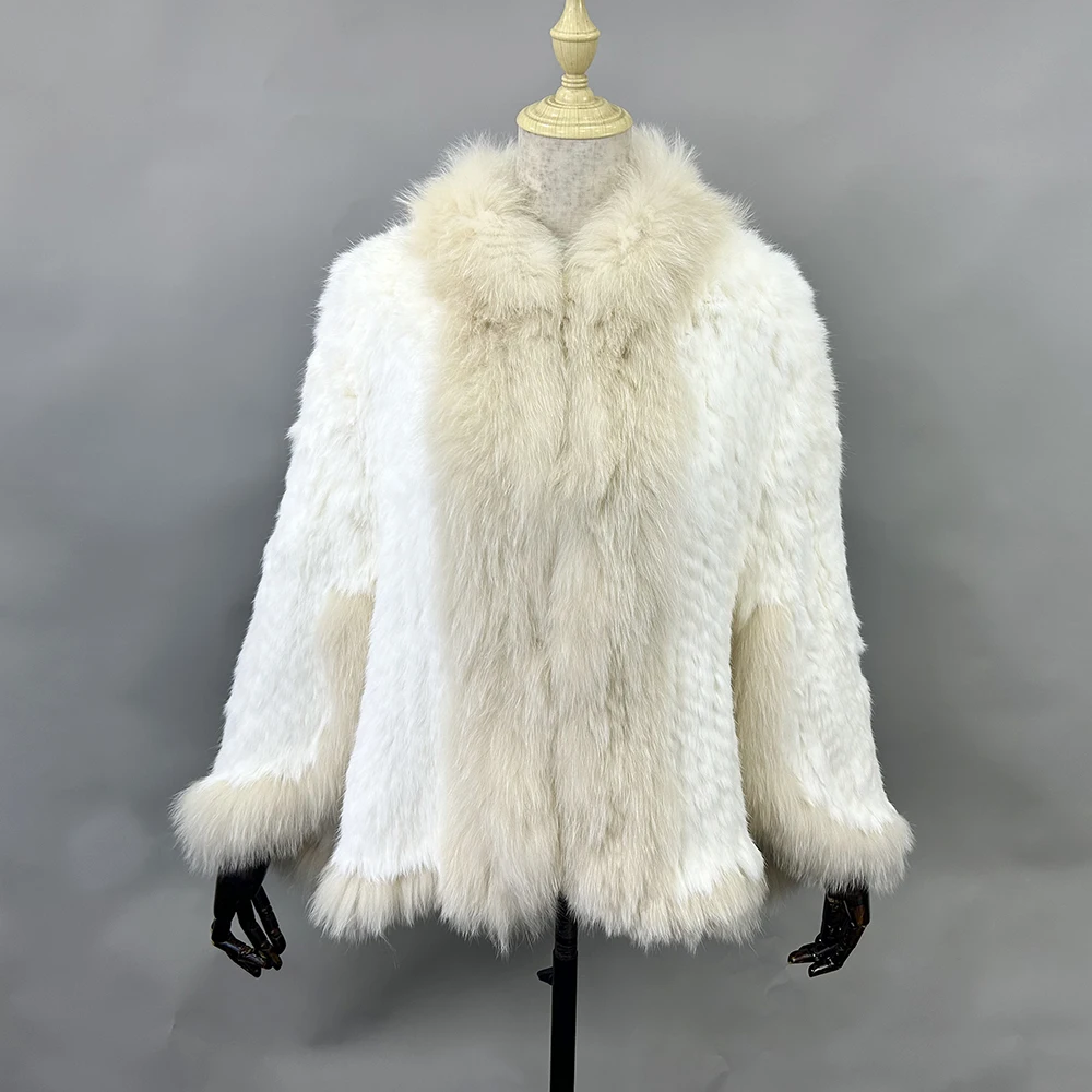 2026 New Fashion Lady Real Genuine Natural Knitted Rabbit Fur Shawl Coat With Fox Fur Collar Women's Fashion Knit Jacket Cape