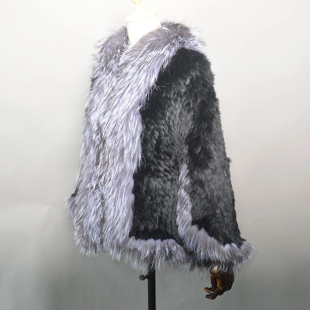 2026 New Fashion Lady Real Genuine Natural Knitted Rabbit Fur Shawl Coat With Fox Fur Collar Women's Fashion Knit Jacket Cape