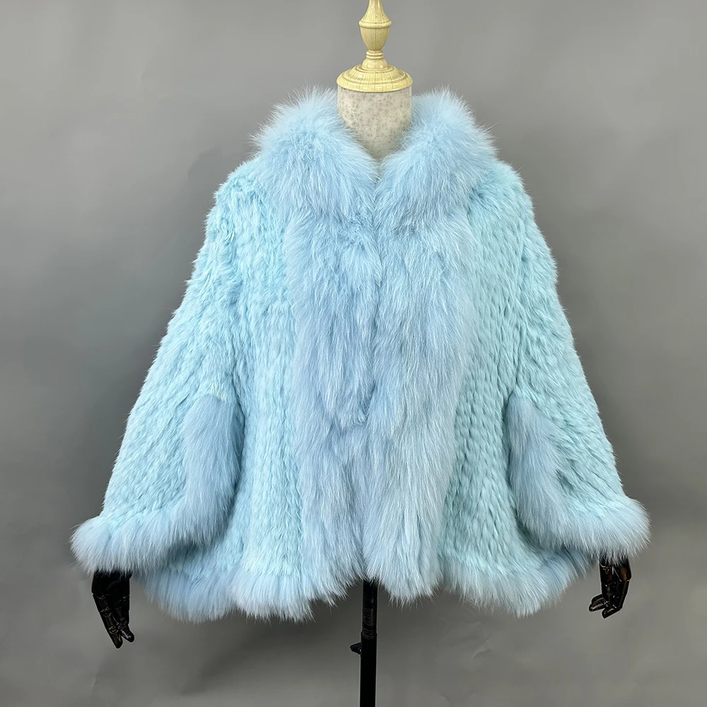 2026 New Fashion Lady Real Genuine Natural Knitted Rabbit Fur Shawl Coat With Fox Fur Collar Women's Fashion Knit Jacket Cape