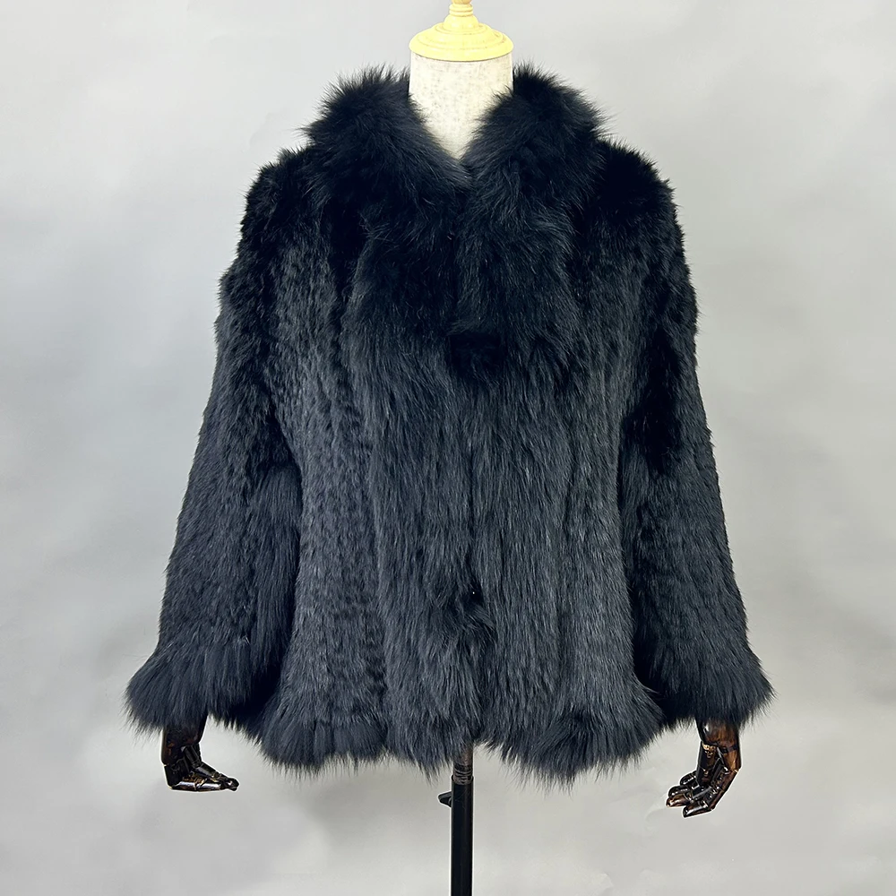 2026 New Fashion Lady Real Genuine Natural Knitted Rabbit Fur Shawl Coat With Fox Fur Collar Women's Fashion Knit Jacket Cape