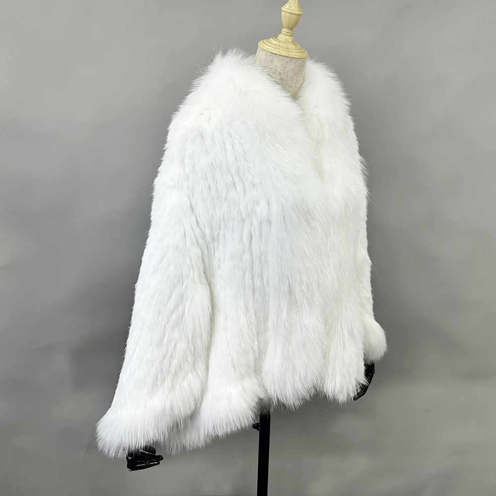 2026 New Fashion Lady Real Genuine Natural Knitted Rabbit Fur Shawl Coat With Fox Fur Collar Women's Fashion Knit Jacket Cape