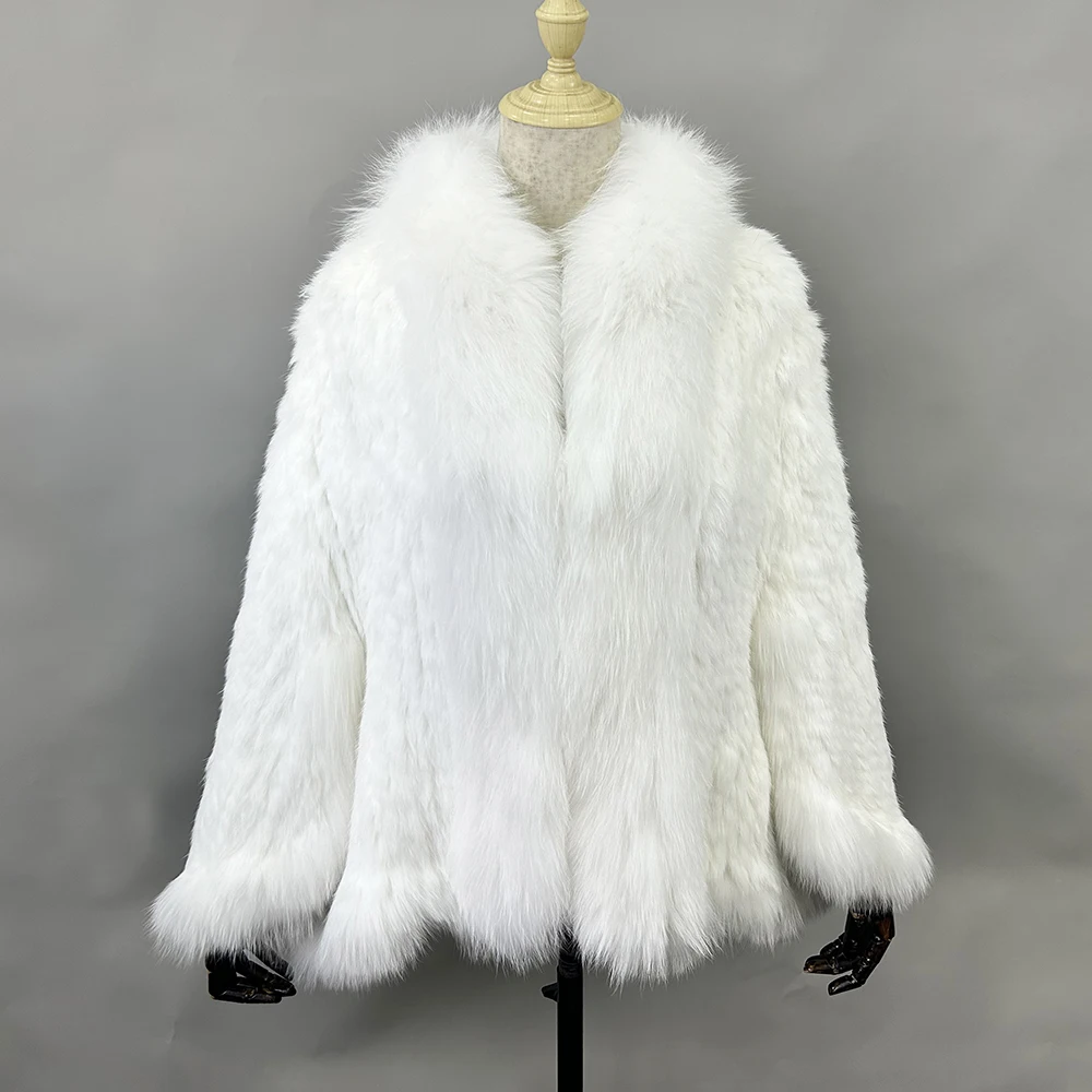 2026 New Fashion Lady Real Genuine Natural Knitted Rabbit Fur Shawl Coat With Fox Fur Collar Women's Fashion Knit Jacket Cape