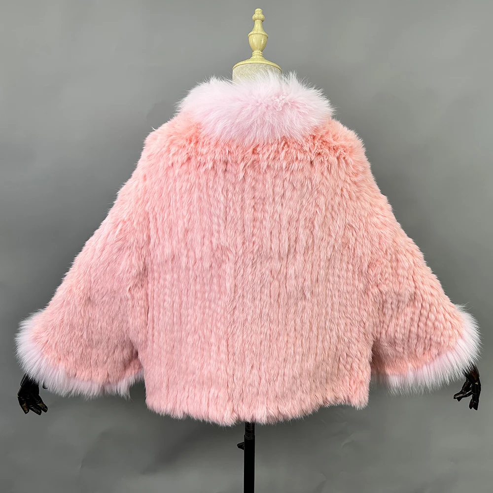 2026 New Fashion Lady Real Genuine Natural Knitted Rabbit Fur Shawl Coat With Fox Fur Collar Women's Fashion Knit Jacket Cape