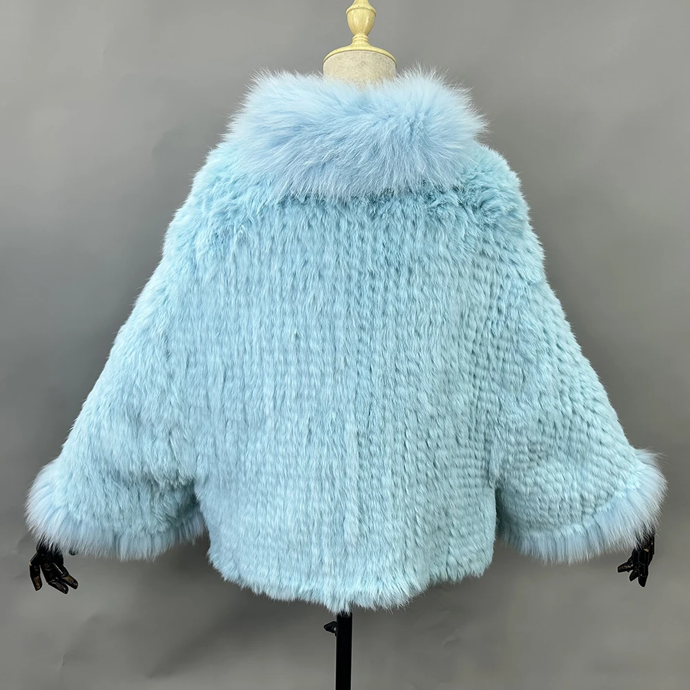 2026 New Fashion Lady Real Genuine Natural Knitted Rabbit Fur Shawl Coat With Fox Fur Collar Women's Fashion Knit Jacket Cape
