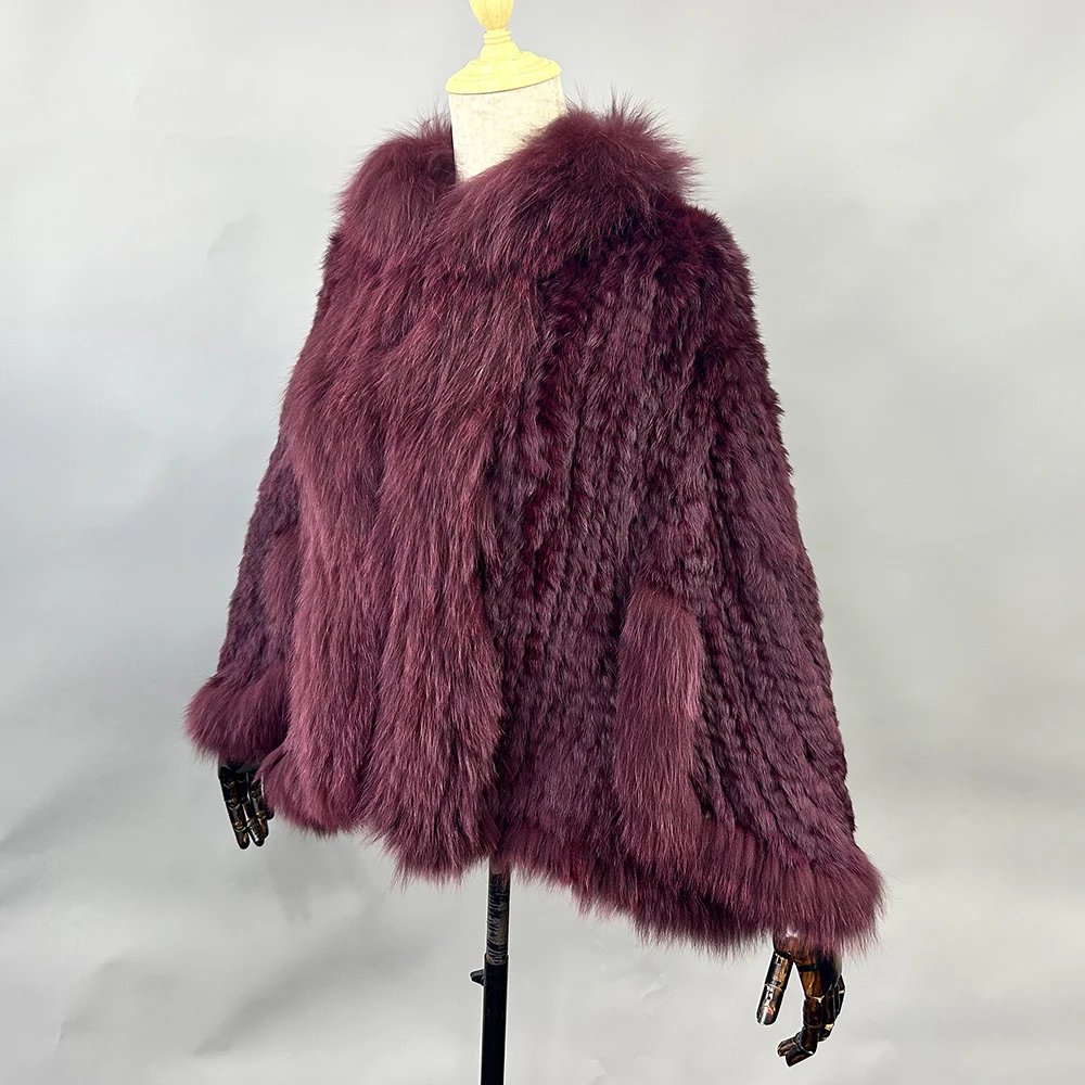 2026 New Fashion Lady Real Genuine Natural Knitted Rabbit Fur Shawl Coat With Fox Fur Collar Women's Fashion Knit Jacket Cape
