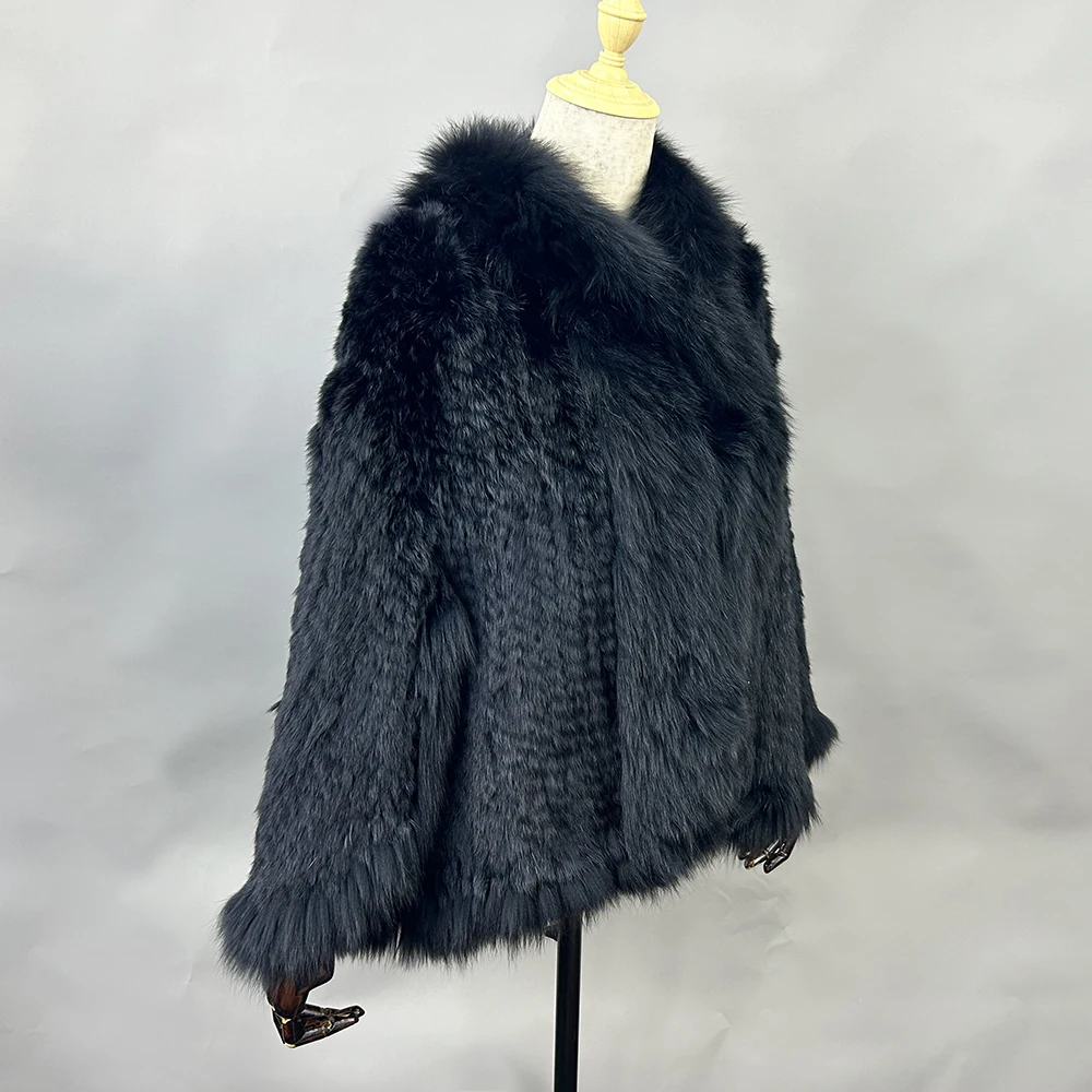 2026 New Fashion Lady Real Genuine Natural Knitted Rabbit Fur Shawl Coat With Fox Fur Collar Women's Fashion Knit Jacket Cape