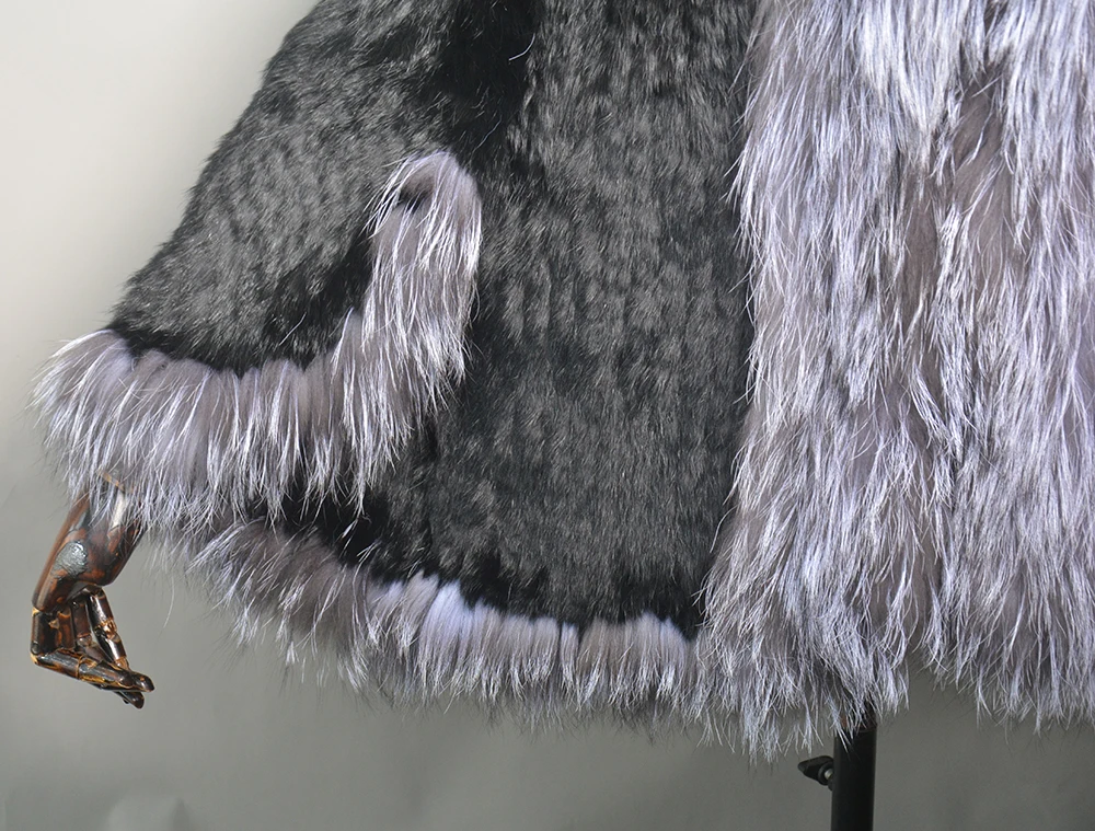 2026 New Fashion Lady Real Genuine Natural Knitted Rabbit Fur Shawl Coat With Fox Fur Collar Women's Fashion Knit Jacket Cape