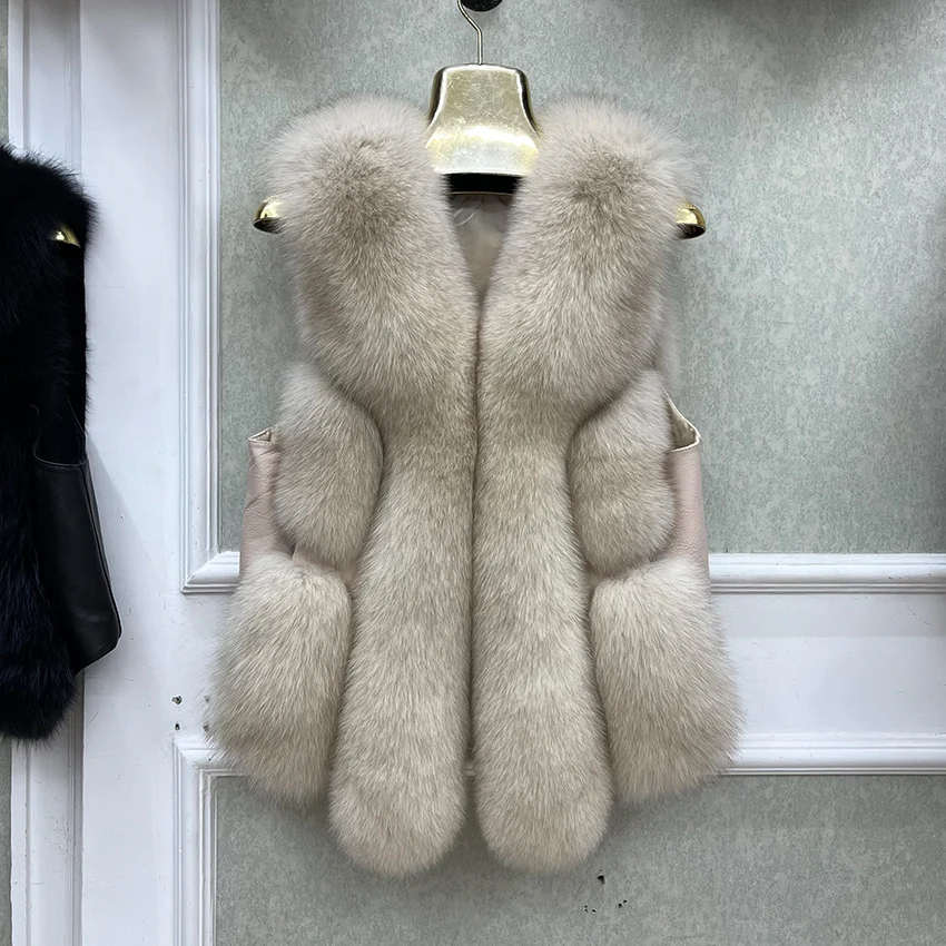 2026 New Autumn Winter Warm Women's Coat Natural Real Fox Fur Vest Thick Mid Length Waistcoat Luxury Female Jacket Streetwear