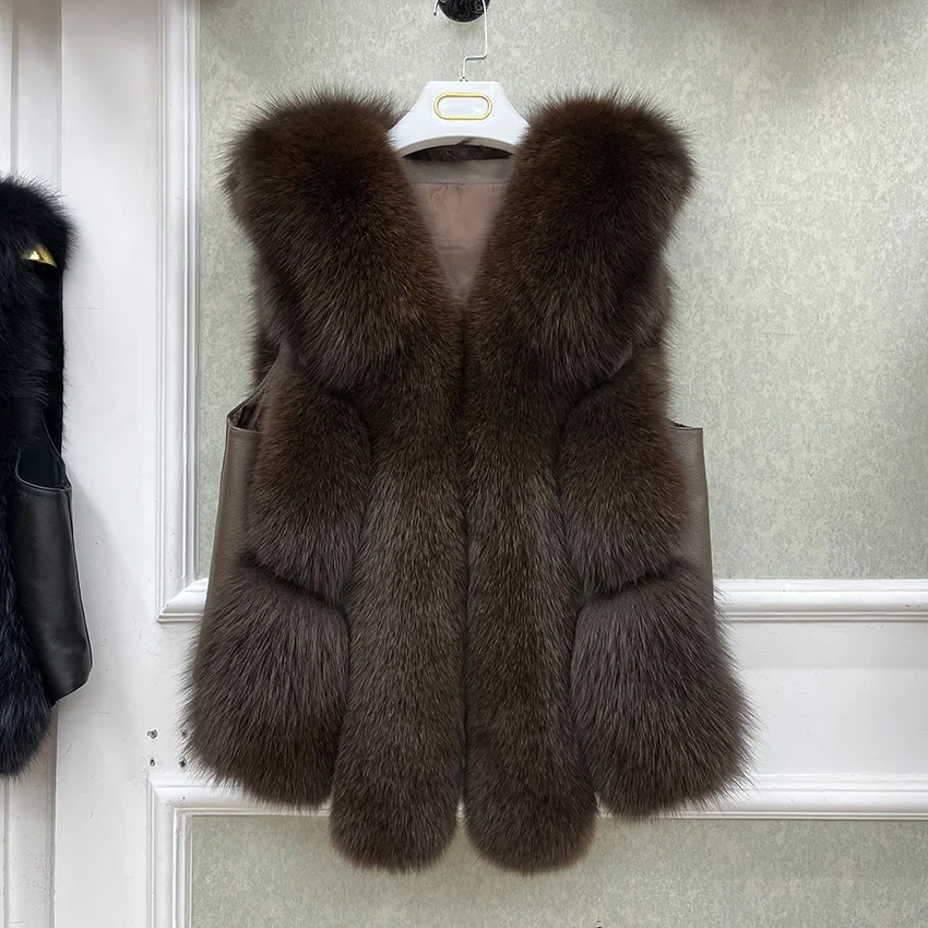 2026 New Autumn Winter Warm Women's Coat Natural Real Fox Fur Vest Thick Mid Length Waistcoat Luxury Female Jacket Streetwear