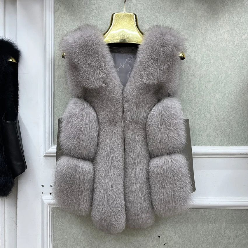 2026 New Autumn Winter Warm Women's Coat Natural Real Fox Fur Vest Thick Mid Length Waistcoat Luxury Female Jacket Streetwear