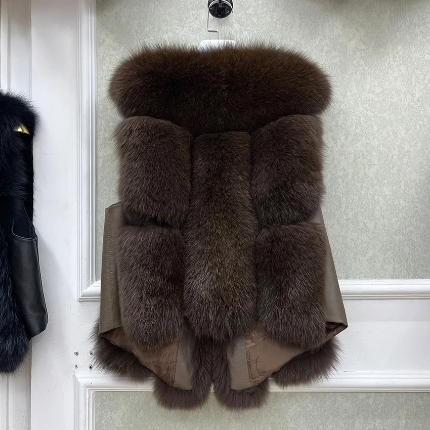 2026 New Autumn Winter Warm Women's Coat Natural Real Fox Fur Vest Thick Mid Length Waistcoat Luxury Female Jacket Streetwear