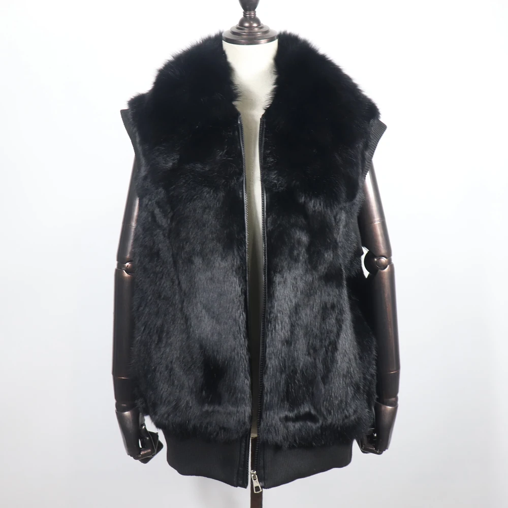 Women's Genuine Real Rabbit Fur Vest Coat Knitting Winter Fox Fur Collar Fur Jacket Casual Short Outwear Slim with Zipper