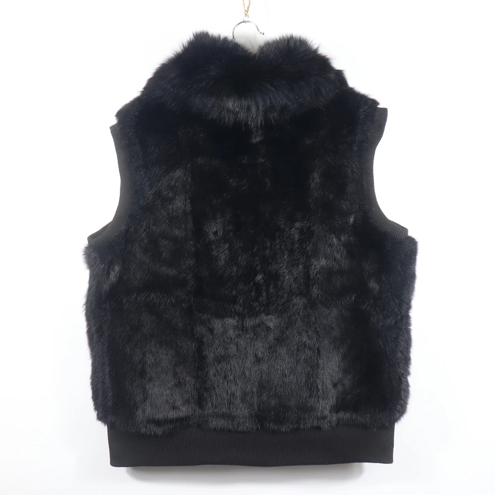 Women's Genuine Real Rabbit Fur Vest Coat Knitting Winter Fox Fur Collar Fur Jacket Casual Short Outwear Slim with Zipper