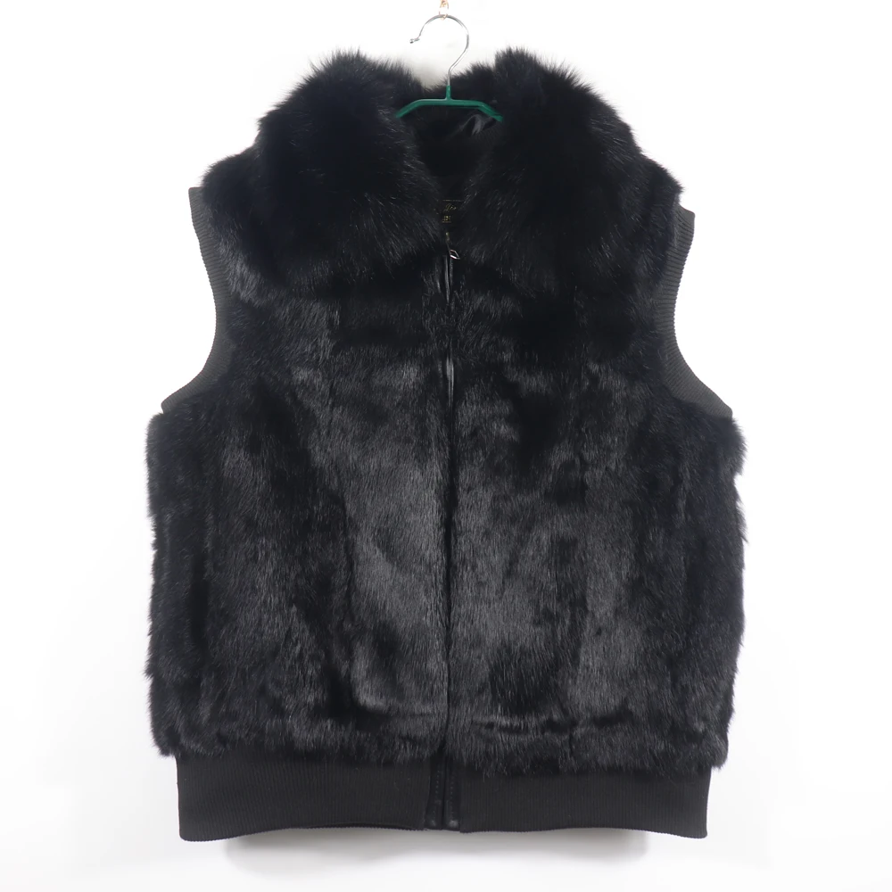 Women's Genuine Real Rabbit Fur Vest Coat Knitting Winter Fox Fur Collar Fur Jacket Casual Short Outwear Slim with Zipper