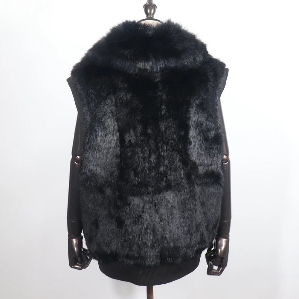 Women's Genuine Real Rabbit Fur Vest Coat Knitting Winter Fox Fur Collar Fur Jacket Casual Short Outwear Slim with Zipper