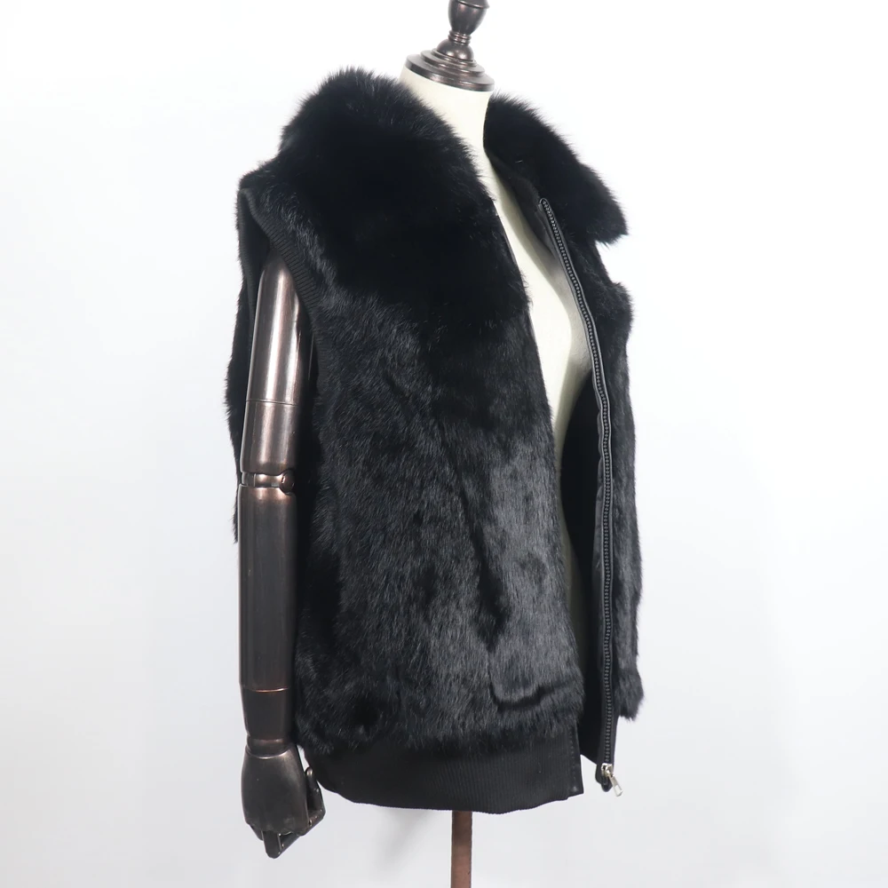 Women's Genuine Real Rabbit Fur Vest Coat Knitting Winter Fox Fur Collar Fur Jacket Casual Short Outwear Slim with Zipper