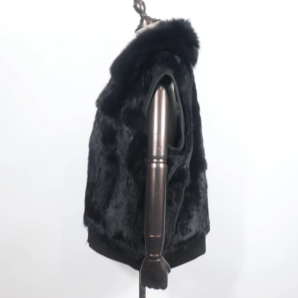 Women's Genuine Real Rabbit Fur Vest Coat Knitting Winter Fox Fur Collar Fur Jacket Casual Short Outwear Slim with Zipper