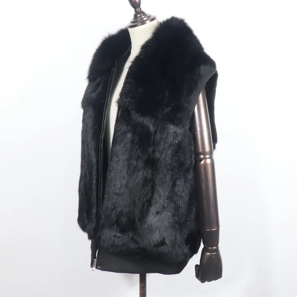 Women's Genuine Real Rabbit Fur Vest Coat Knitting Winter Fox Fur Collar Fur Jacket Casual Short Outwear Slim with Zipper