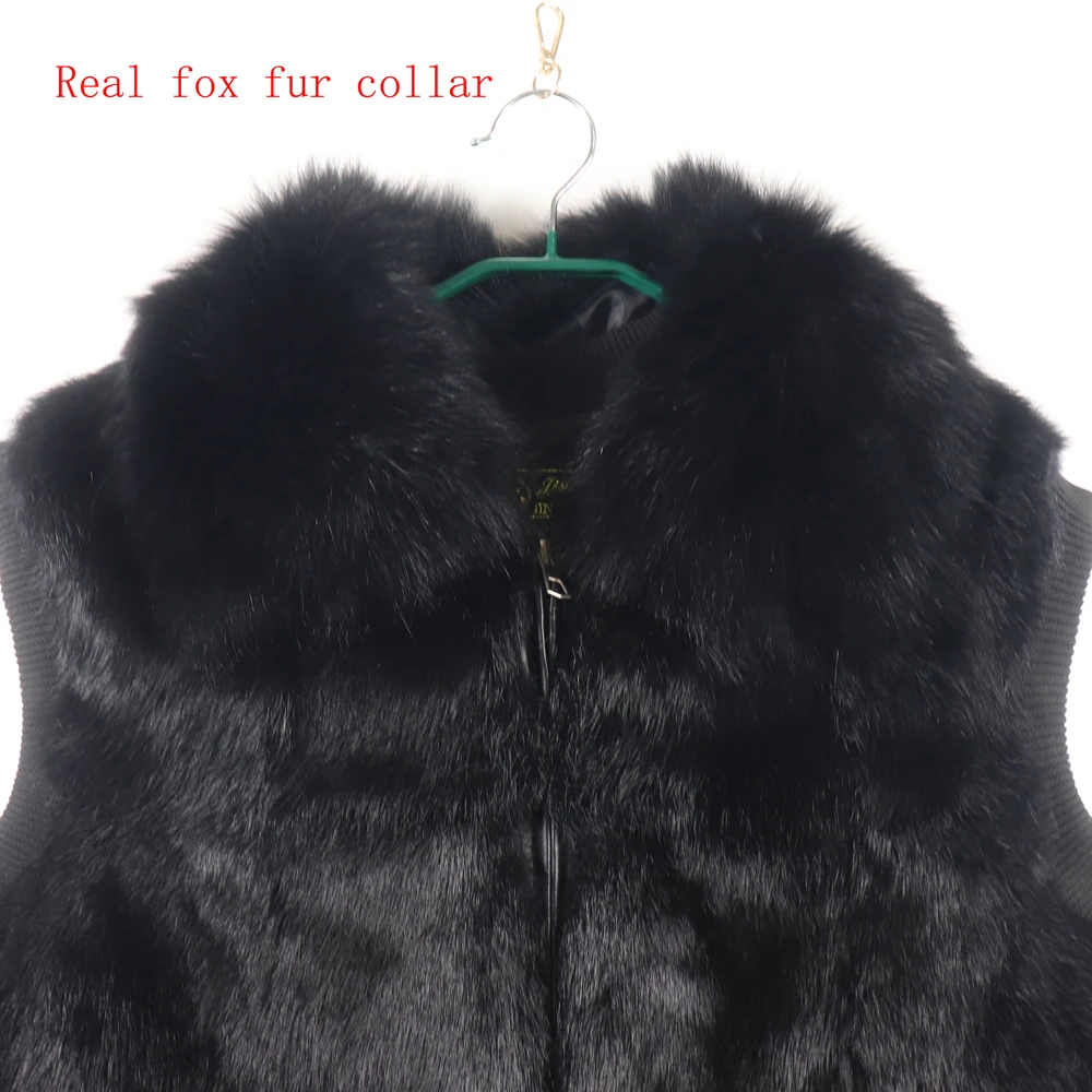 Women's Genuine Real Rabbit Fur Vest Coat Knitting Winter Fox Fur Collar Fur Jacket Casual Short Outwear Slim with Zipper