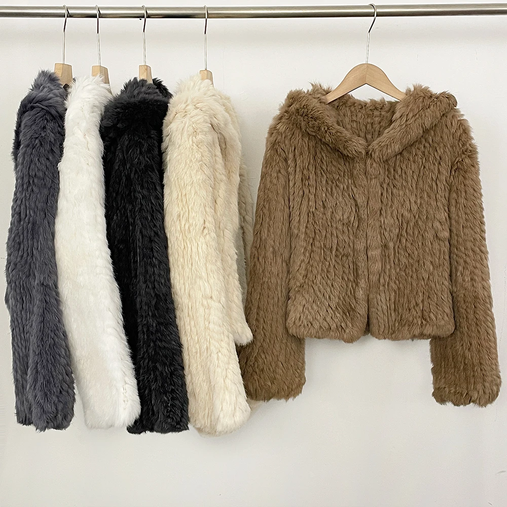 OFTBUY Weave Natural Rabbit Fur Jacket Women New Autumn Winter Clothes Female Fashion Casual Warm Hooded Luxury Real Fur Coat