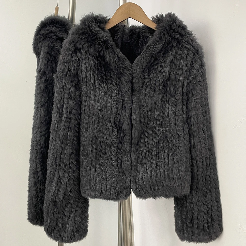 OFTBUY Weave Natural Rabbit Fur Jacket Women New Autumn Winter Clothes Female Fashion Casual Warm Hooded Luxury Real Fur Coat