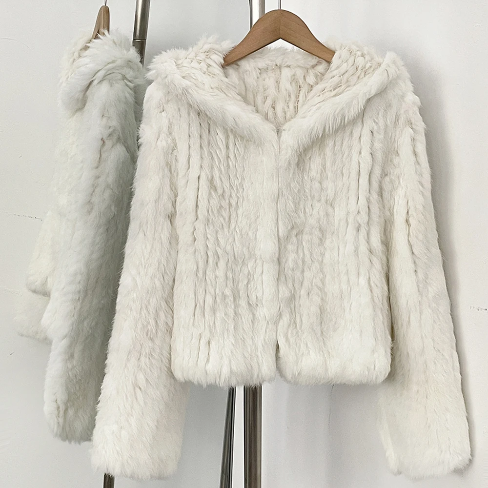 OFTBUY Weave Natural Rabbit Fur Jacket Women New Autumn Winter Clothes Female Fashion Casual Warm Hooded Luxury Real Fur Coat