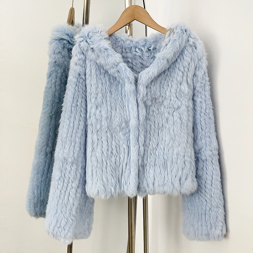 OFTBUY Weave Natural Rabbit Fur Jacket Women New Autumn Winter Clothes Female Fashion Casual Warm Hooded Luxury Real Fur Coat
