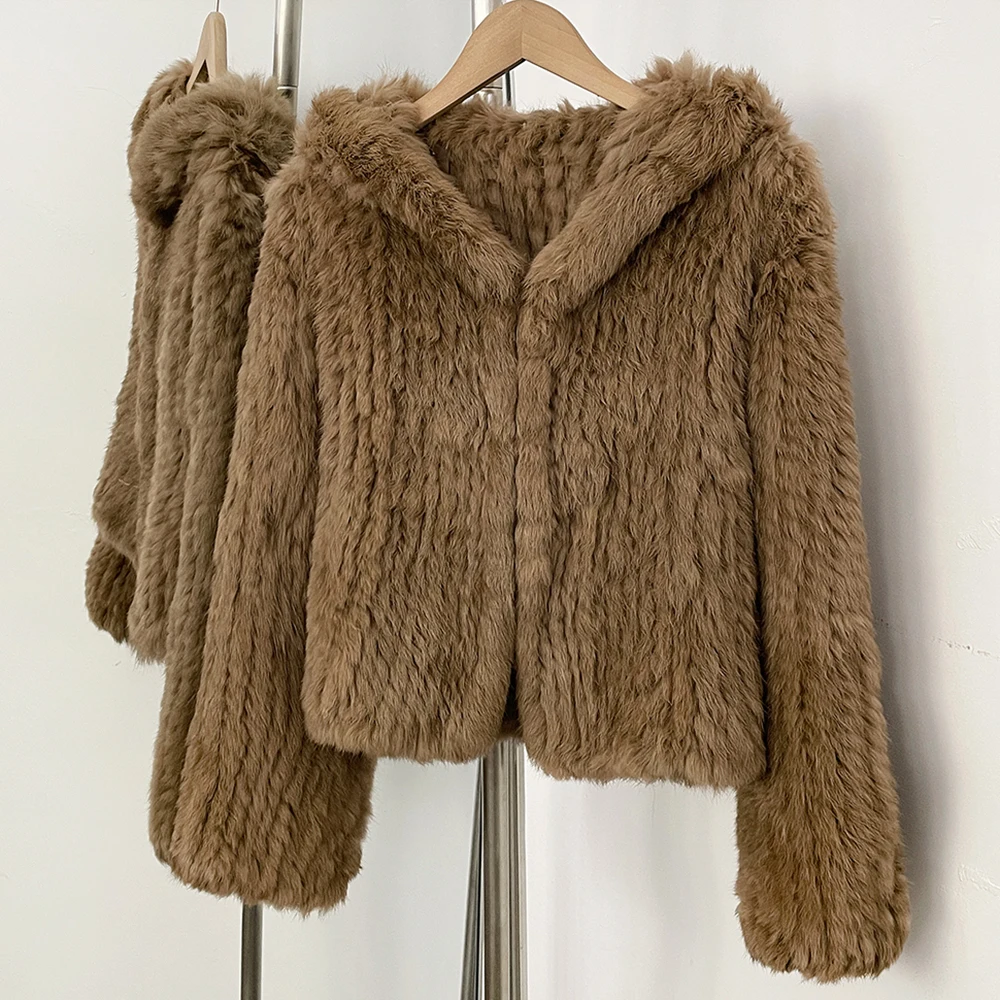 OFTBUY Weave Natural Rabbit Fur Jacket Women New Autumn Winter Clothes Female Fashion Casual Warm Hooded Luxury Real Fur Coat