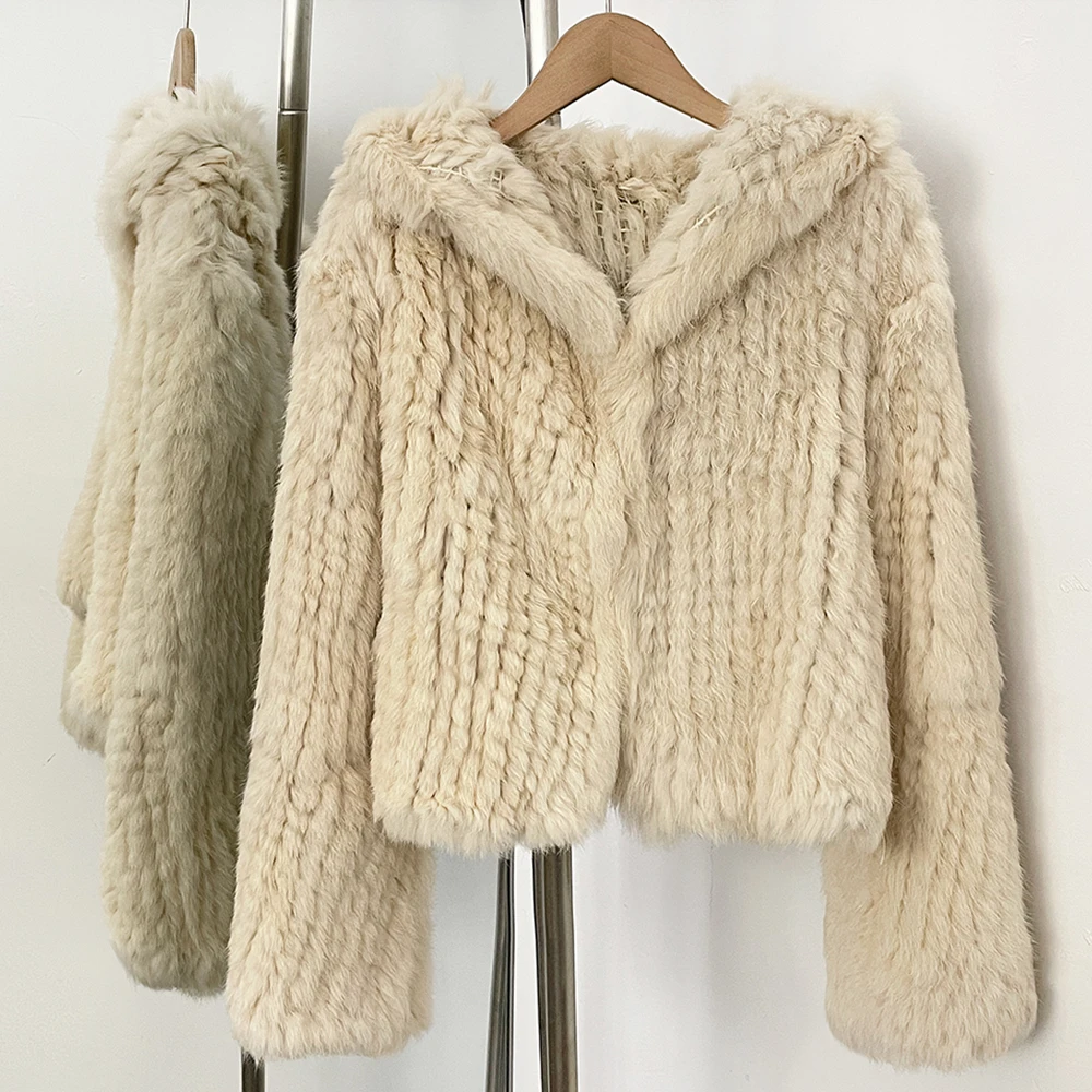 OFTBUY Weave Natural Rabbit Fur Jacket Women New Autumn Winter Clothes Female Fashion Casual Warm Hooded Luxury Real Fur Coat