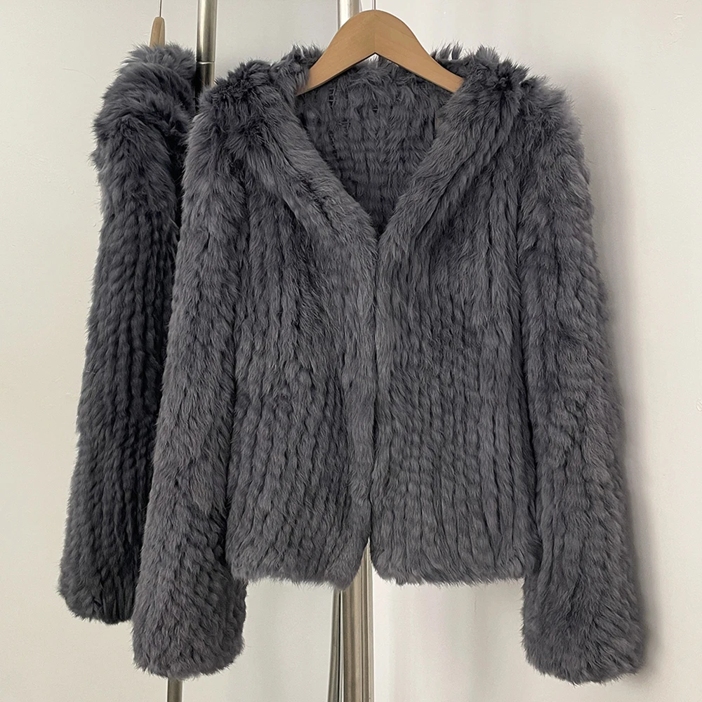 OFTBUY Weave Natural Rabbit Fur Jacket Women New Autumn Winter Clothes Female Fashion Casual Warm Hooded Luxury Real Fur Coat