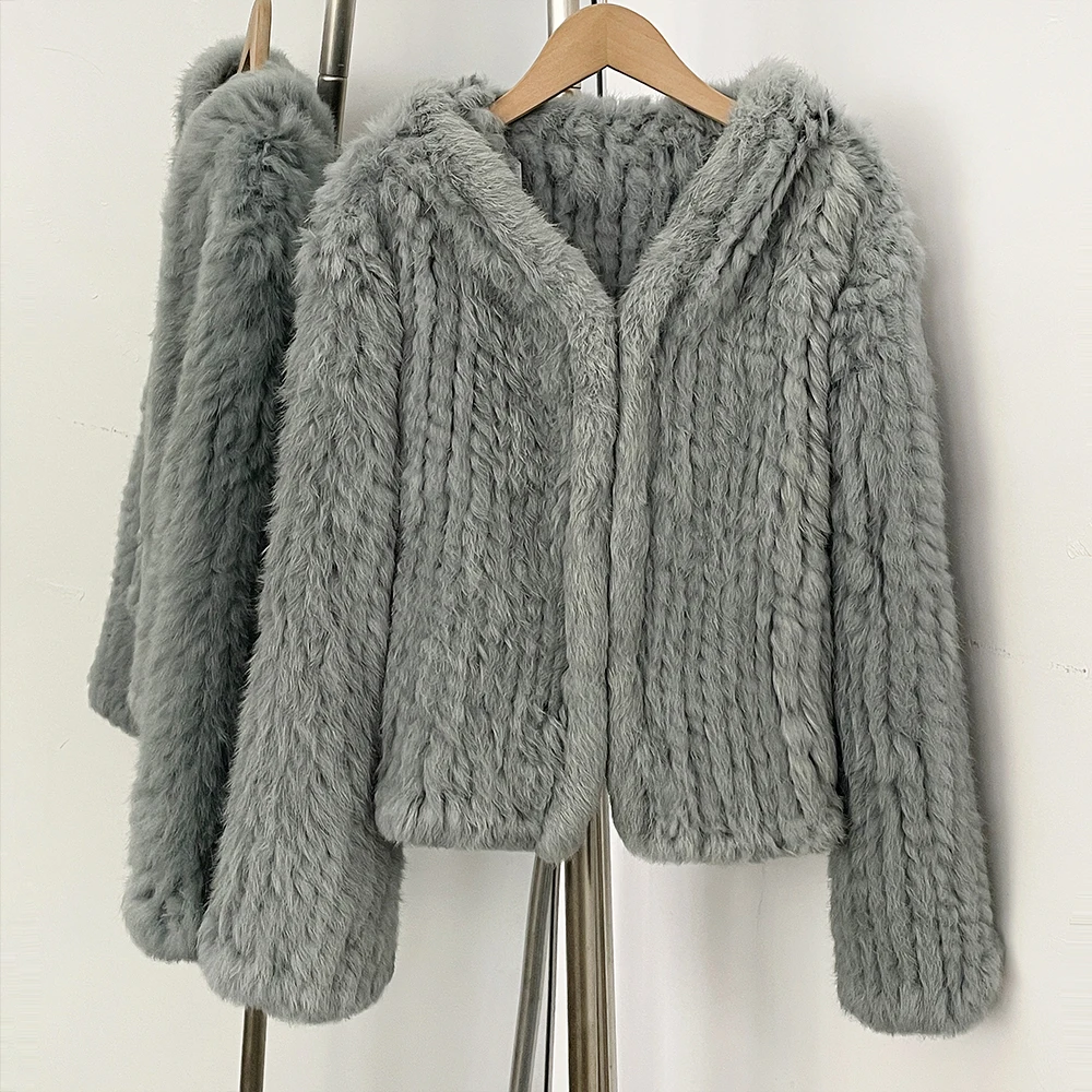 OFTBUY Weave Natural Rabbit Fur Jacket Women New Autumn Winter Clothes Female Fashion Casual Warm Hooded Luxury Real Fur Coat