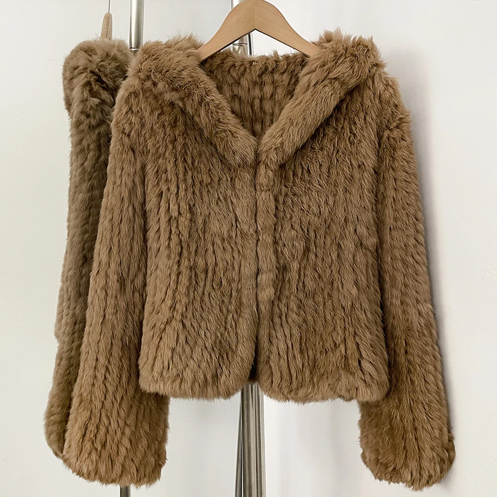 OFTBUY Weave Natural Rabbit Fur Jacket Women New Autumn Winter Clothes Female Fashion Casual Warm Hooded Luxury Real Fur Coat