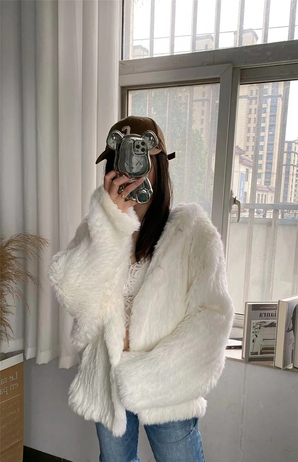 OFTBUY New Winter Women Natural Fur Jacket Women Loose Weave Quality Streetwear Hooded Long Sleeves Real Rabbit Fur Coat Female