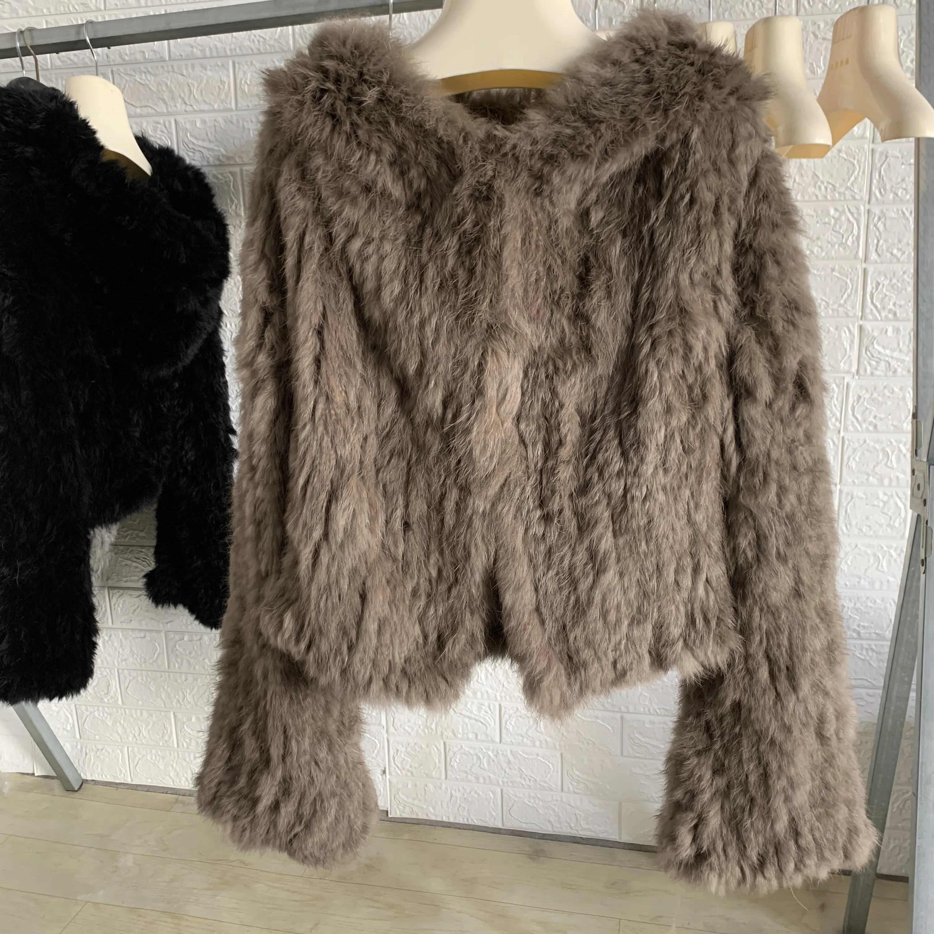 OFTBUY New Winter Women Natural Fur Jacket Women Loose Weave Quality Streetwear Hooded Long Sleeves Real Rabbit Fur Coat Female