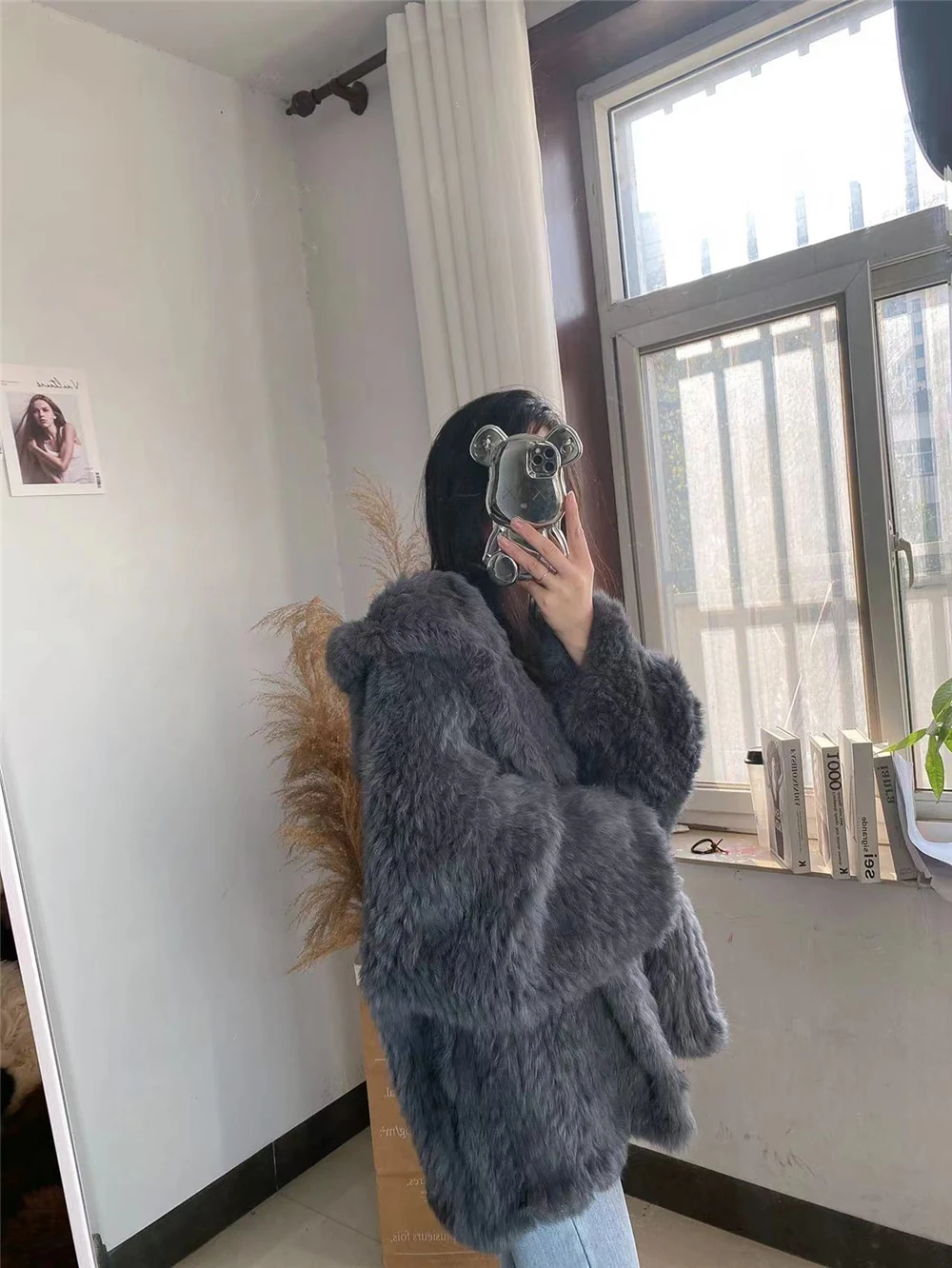 OFTBUY New Winter Women Natural Fur Jacket Women Loose Weave Quality Streetwear Hooded Long Sleeves Real Rabbit Fur Coat Female